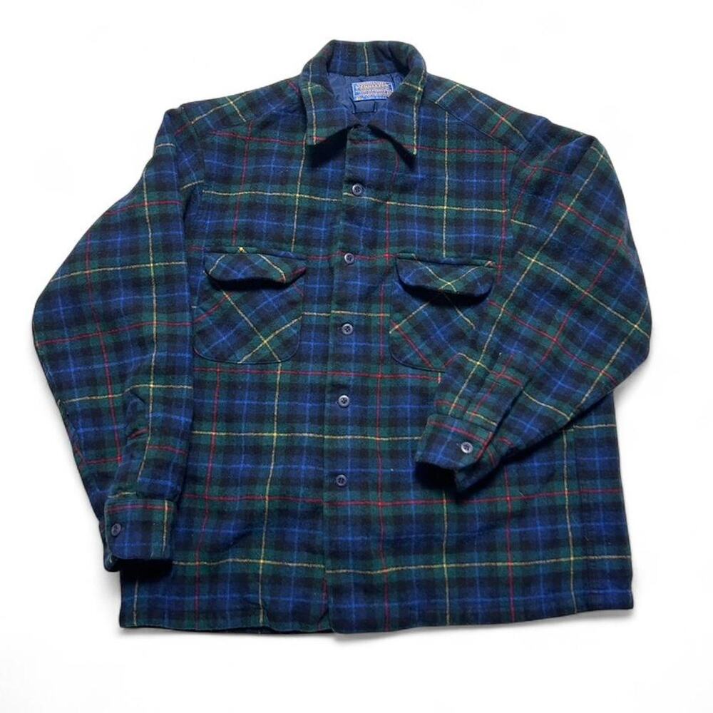 Pendleton Vintage USA made Smith Tartan Plaid Wool Loop Collar Button Shirt XL